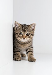 Obraz premium Adorable Tabby Kitten Peeking from Corner A Sweet and Playful Portrait of a Young Cat