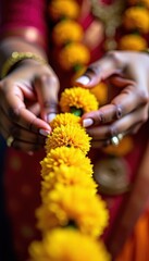 An  woman creates a flower garland using bright yellow marigold flowers, highlighting traditional craftsmanship and cultural heritage of India in a cozy setting. Diwali, Pongal, Durga, Vishnu