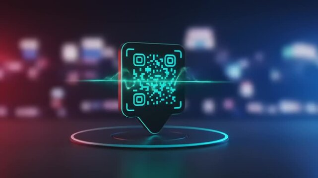 A vibrant digital QR code stands prominently against a blurred cityscape background, symbolizing technology - Powered by Adobe