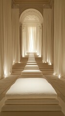 Fototapeta premium Ornate hallway with white carpet, curtains and steps leading to a bright light