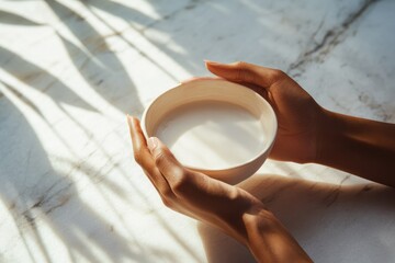A person gently holds a bowl of creamy white liquid, bathed in sunlight.