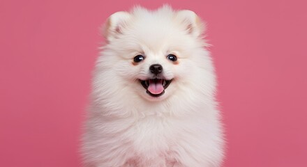 Obraz premium Adorable White Pomeranian Puppy on Pink Background Fluffy, Happy Dog Portrait