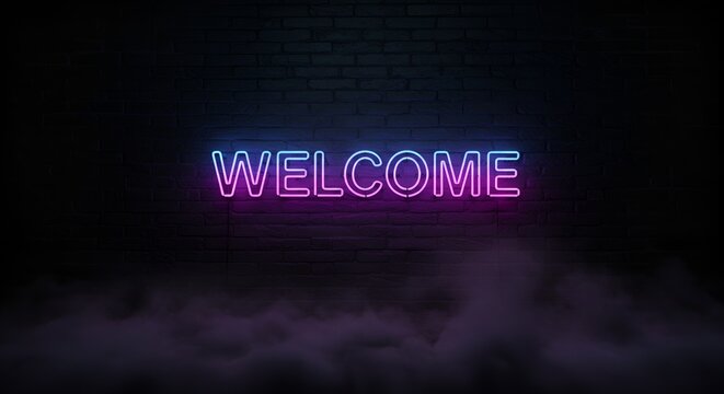 Neon Welcome Sign on Dark Brick Wall with Purple Haze