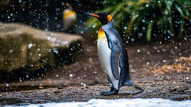 King penguin in snowfall