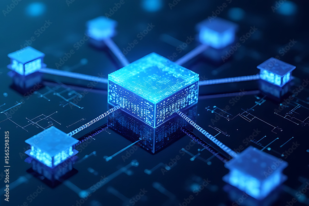 Poster illuminated blue digital cubes connected by lines on a dark surface representing a network or data f