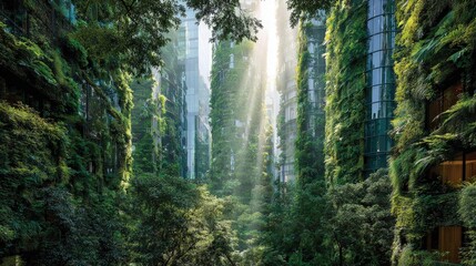 Obraz premium Biophilic Green Architecture Background Buildings covered in lush vertical gardens sunlight filtering through leaves eco-futurism