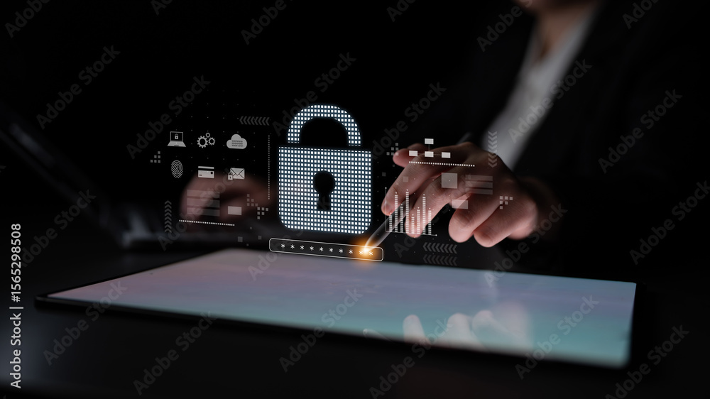 Poster cybersecurity protection system showing password encryption, fingerprint id, cloud security, email, 