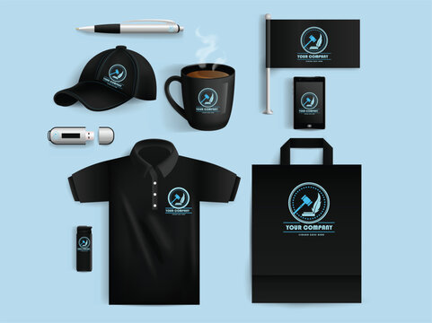 Black business promo items polo phone mug pen bag flash drive flag hat lighter