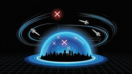 Defensive Shield Technology: A futuristic concept depicting a protective shield encompassing a city, defending against incoming threats with advanced defense system.
