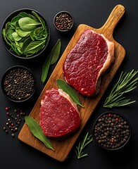 Fresh premium beef steaks are displayed on a wooden cutting board. Surrounding herbs and spices enhance the presentation, making it ideal for culinary enthusiasts and chefs.