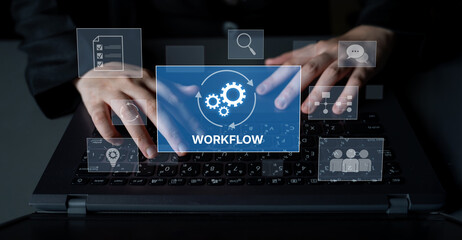 Workflow optimization concept featuring interconnected gears, task management, collaboration,...
