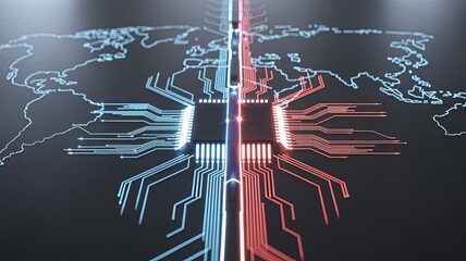 Global Data Highway: An artistic illustration shows a dynamic interplay of information, illustrated by glowing lines and circuits that span across a world map.
