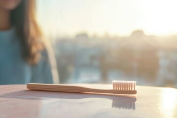 A bamboo toothbrush rests on a table, bathed in soft sunlight, with a blurred woman in the background.
