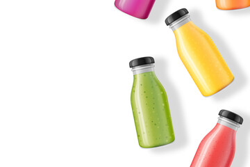 Summer vitamin drinks on white background. Illustration of glass bottles with organic juices or smoothies. Vector banner template for healthy eating, detox, and wellness lifestyle. Packaging mockup