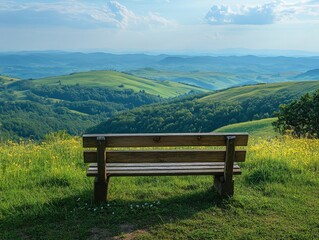 A Moment of Serenity:  Wooden Bench Overlooking Lush Green Hills and Distant Mountain Ridges Under a Clear Blue Sky.