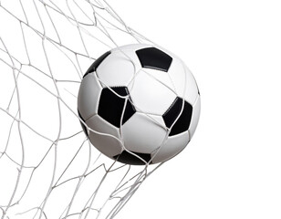  Classic Black and White Soccer Ball Caught Mid-Air in Net, Isolated on White Background