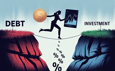 Investment over Debt: In a symbolic vector image, a figure skillfully walks a tightrope stretched between "debt" and "investment," balancing financial risk and potential gain.