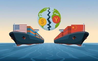 Global Economic Rift: Symbolic illustration depicting the economic relationship tension and the trade conflict between nations. With a split globe representing international trade division.