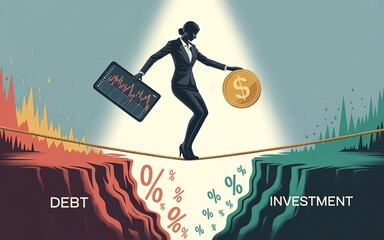 Balancing Act: A symbolic illustration depicting a woman navigating the tightrope between debt and investment, embodying the complexities of financial decisions.