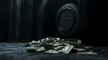 A pile of money spills from a dark vault