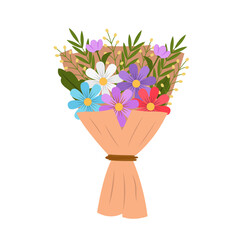 Colorful bouquet of flower isolated on white background. Bunch of spring flowers with long leaves inside bouquet. Vector stock