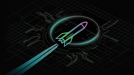 Launch into Innovation: An artistic digital illustration of a sleek rocket ship blasting off, symbolizing technological advancement and space exploration against a backdrop of a circuit board.