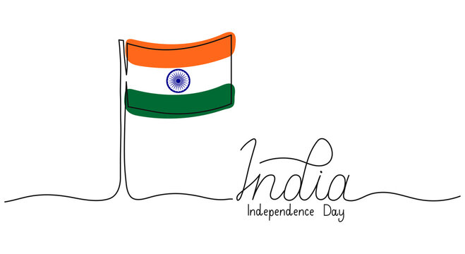 India Independence Day one line text banner. Hand drawn Typography with tri color Indian Flag. Greeting card, cover, canner. Vector template. Handwritten words with editable stroke. Outline script