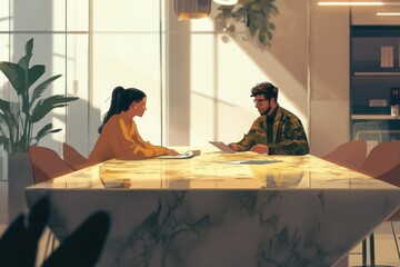 A man and woman sit at a marble table, reviewing documents in a sunlit modern office.