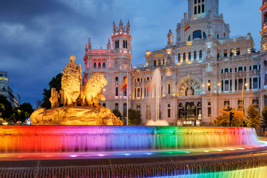 Cibeles fountain and palace lit up for LGBTQ Pride in Madrid