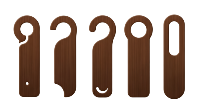 Set of five blank brown wooden door hangers with various shapes, designed for hotel room or home signage on transparent background.