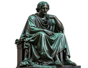  Seated Ancient Philosopher Statue in Aged Bronze, Transparent PNG Cut-Out
