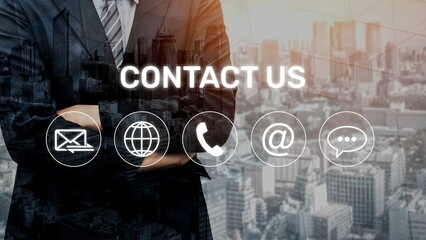 UI concept for contact us section showing icons for email, web, phone, and message. Contact and...
