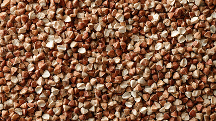 Fototapeta premium Buckwheat grains are scattered on a wooden surface, highlighting their diverse shapes and earthy tones in natural light