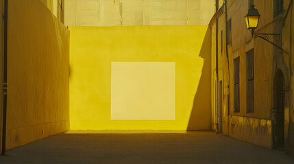 Sunny alleyway with vibrant yellow walls and a blank square.  Sunlight casts shadows