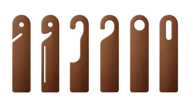 Set of six blank brown wooden door hangers with various shapes, designed for hotel room or home signage on transparent background.