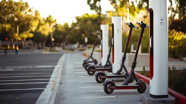 Electric scooters parked at a charging station, highlighting urban mobility and eco-conscious commuting solutions