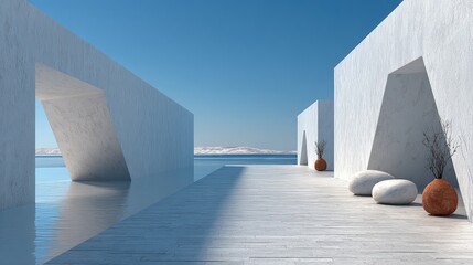 Minimalist Modern Architecture Background Clean white geometric structures open spaces with soft natural light Scandinavian-inspired simplicity