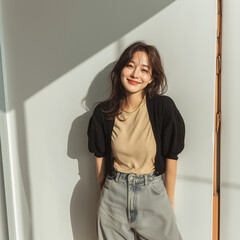 여름 패션의 한국 여성의 미소