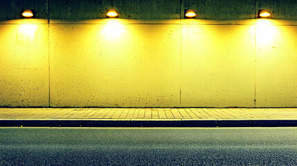 Empty urban street at night, illuminated by yellow lights on a light beige concrete wall