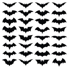 A group of black bat silhouettes is arranged for a Halloween themed background or pattern design.
