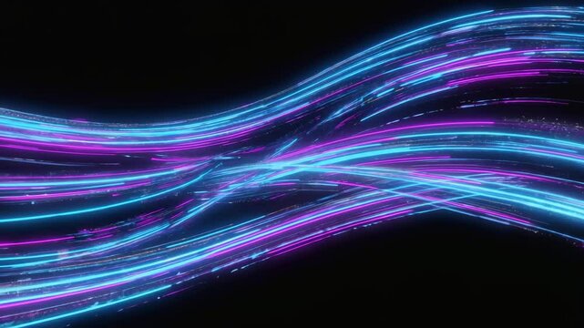 A vibrant abstract visual of multicolored strings of light flowing across a black background, with bright particles aligned in rows, emitting glowing and pulsating energy.