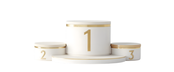 A white and gold podium with the numbers one, two, and three is isolated on transparent background.