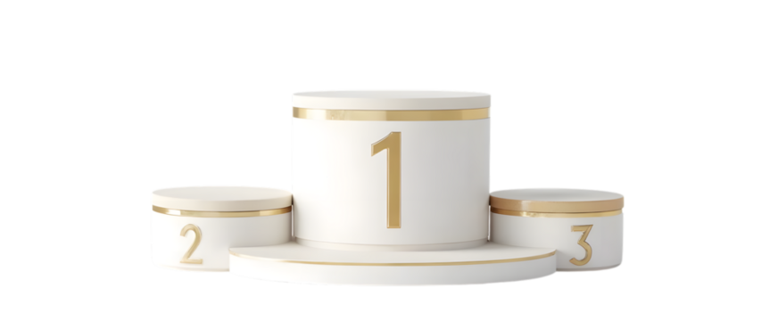 A white and gold podium with the numbers one, two, and three is isolated on transparent background.