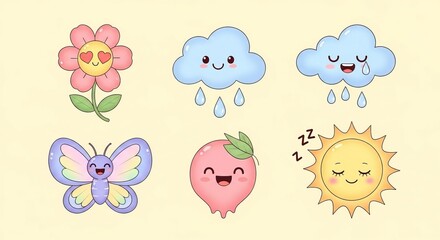 Adorable weather and nature themed cartoon icons offer a cheerful display featuring sun, clouds, flower, butterfly, and berry.