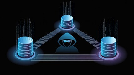 Cybersecurity Breach: A digital illustration of a hacker breaching a data center.