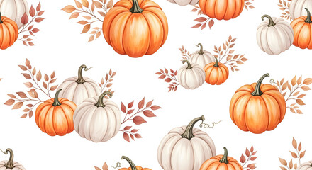 Autumn Harvest: Pumpkins and Fall Leaves Seamless Pattern