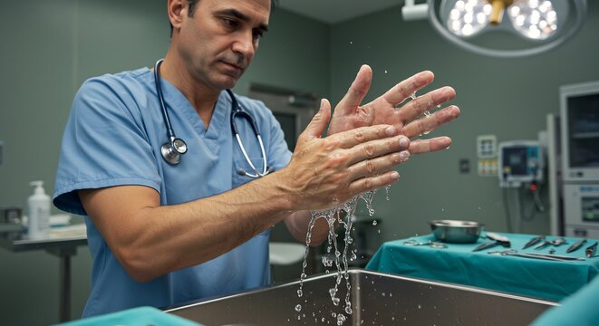 Surgeon Washing Hands Before Surgery, Sterile Environment, Medical Professional, Healthcare.