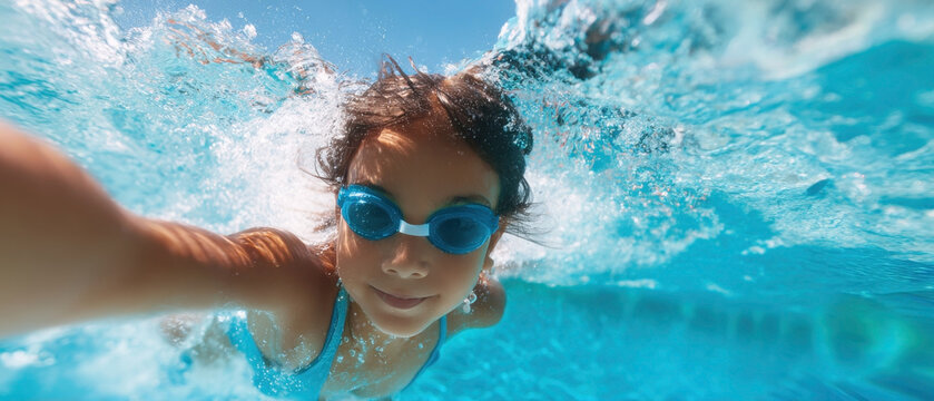 Child swims underwater with goggles, enjoying a sunny day in a clear pool, capturing the essence of summer fun. background, banner, advertising billboard, water park, swimming pool, summer vacation