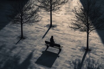 A lone figure sits on a park bench, bathed in sunlight, surrounded by bare trees casting long shadows.