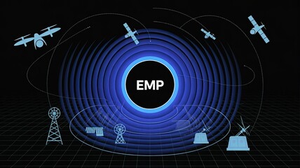 EMP: A complex diagram of technological marvels, highlighting an electromagnetic pulse emanating across satellites and drones, against a backdrop of futuristic blueprints.